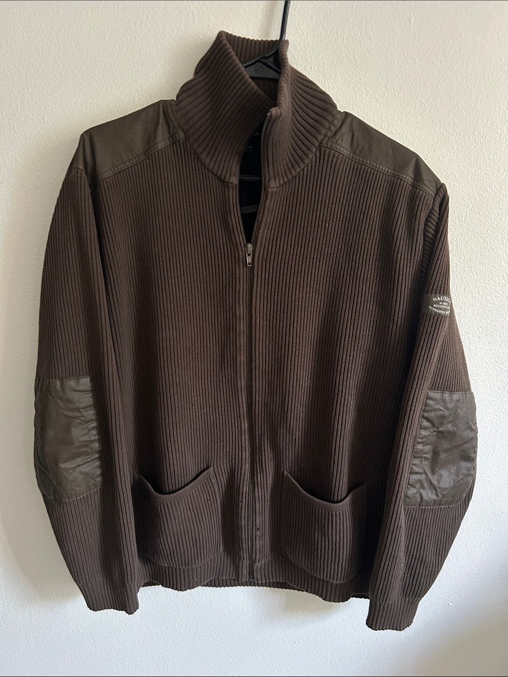 Nautica Men Brown Thick Ribbed Knit Contrast Patches Full Zip Sweater Jacket: M